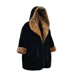 Monterey Fashions Vintage Black Faux Fur Coat with Leopard Print Cuffs and Hood